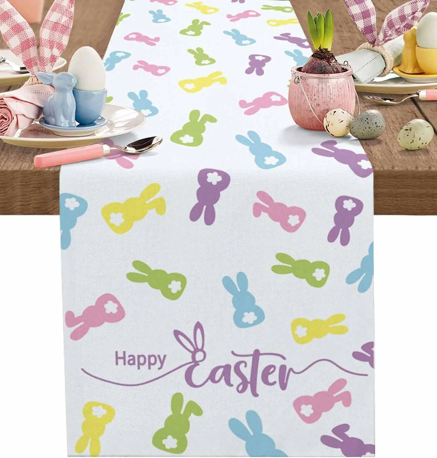 Easter Watercolor Bunny Flower Linen Table Runner Dresser Scarf Decor Farmhouse Kitchen Dining Table Runner Wedding Party Decor