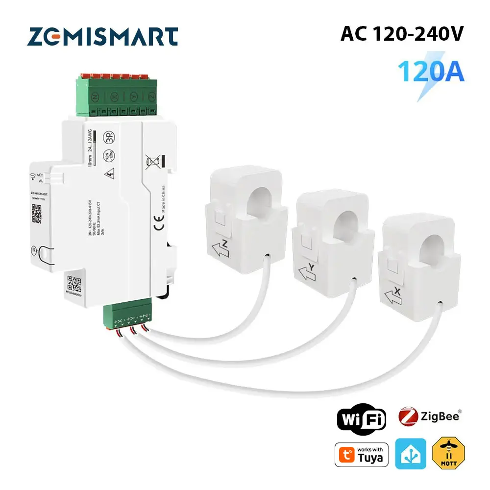 Zemismart 120 A intelligenter DIN-Schienen-Energiezähler Zigbee WiFi 3-Phasen-Leistungsmonitor mit