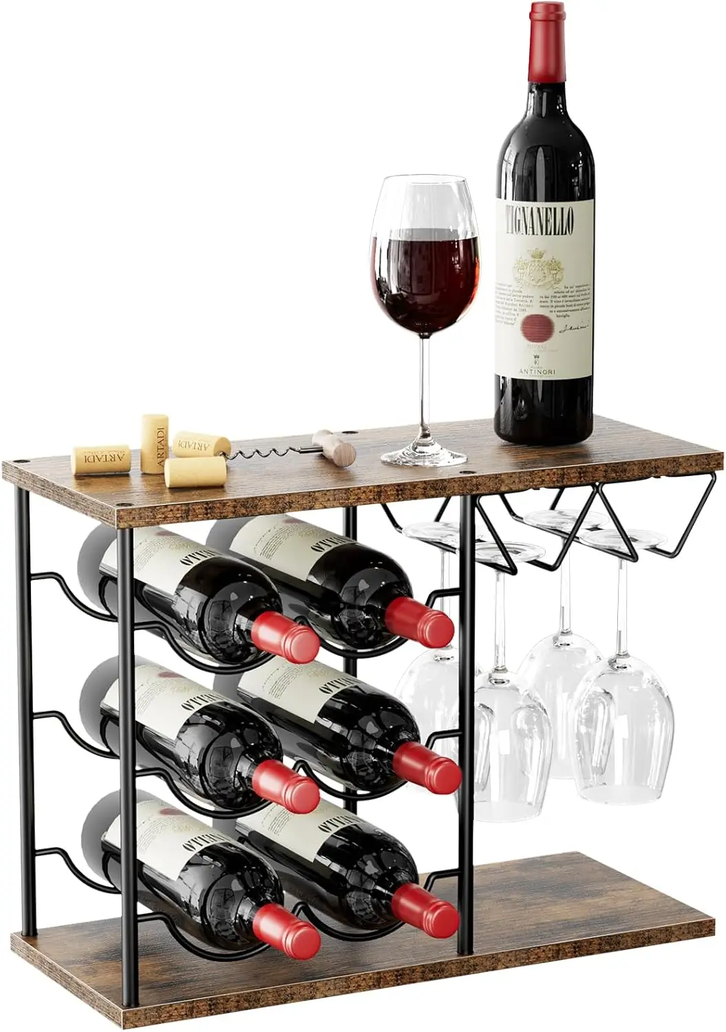 Compact Wine Rack for 6 Bottles and 4 Glasses, Metal and Wood Storage Organizer for Kitchen or Bar