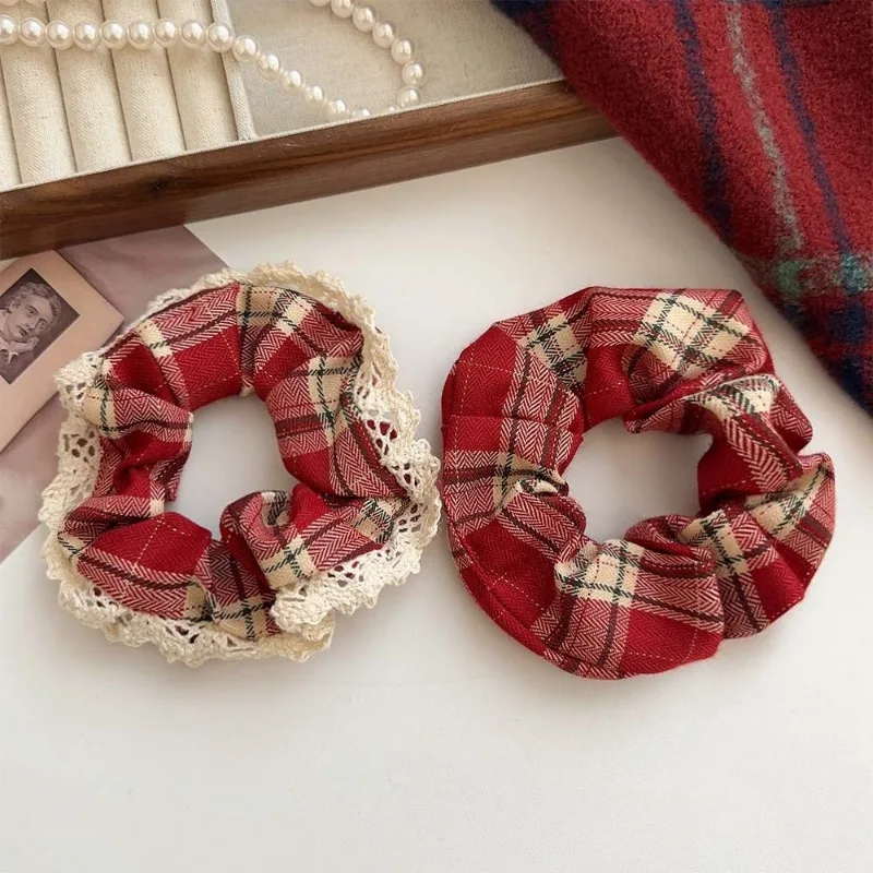 Scottish GirlClassic Red Pattern Hair Rope Large Intestine Ring Retro Easy Matching Hair Rope Hair Ring Tie Ponytail LeatherBand