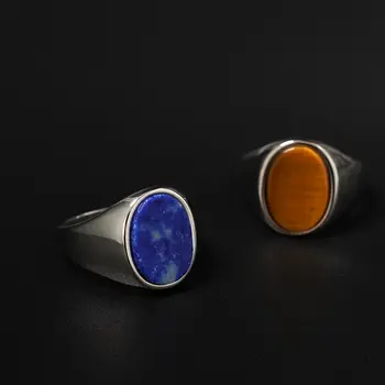 復古風格鈦鋼戒指,鑲嵌天然虎眼石和青金石 - 時尚橢圓形寶石設計戒指 8 最佳銷售 天然寶石戒指 - №6