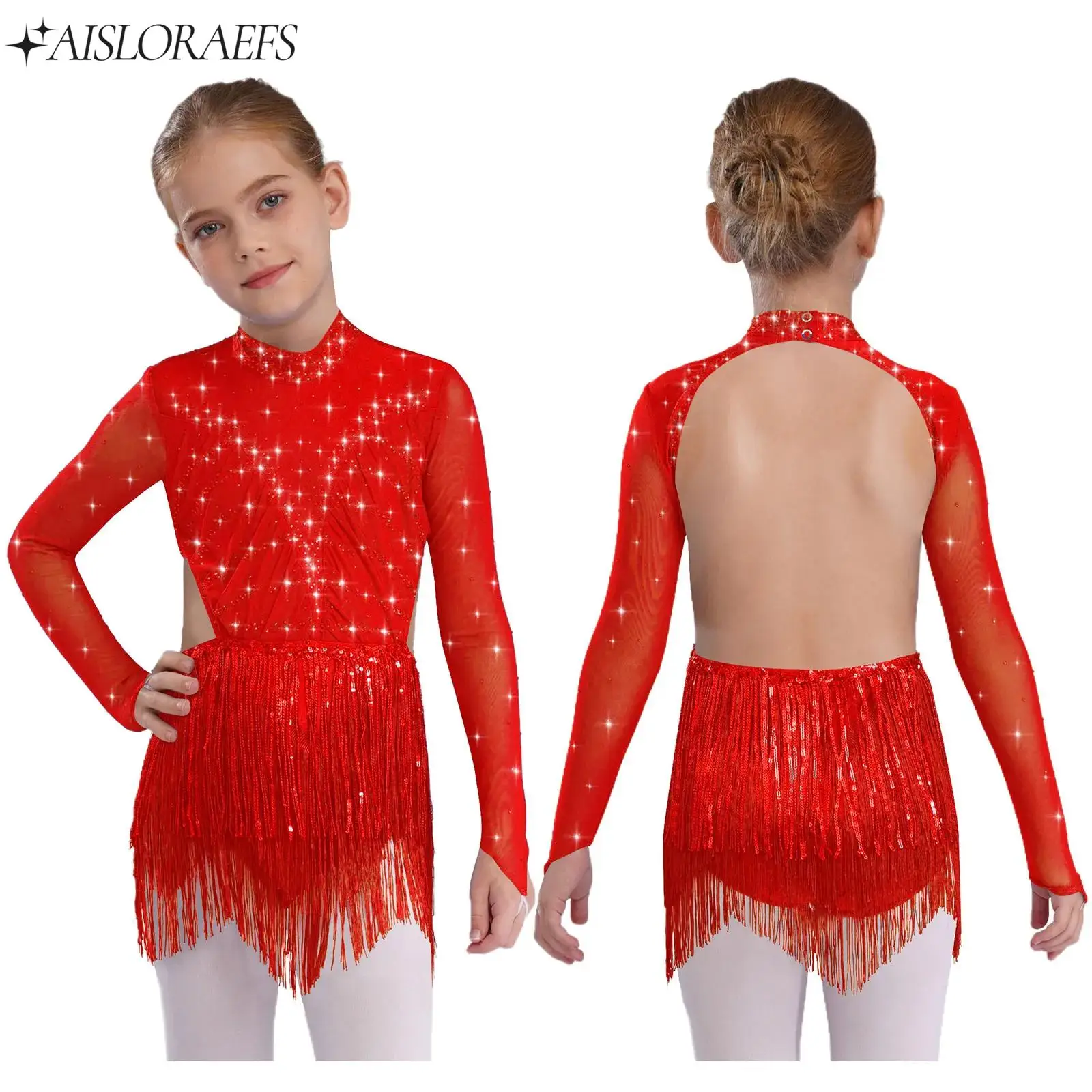 

Girls Jazz Latin Dance Leotard Teen Salsa Samba Chacha Dancewear Sequins Tassels Rhinestones Bodysuit Suit for Dance Class Party