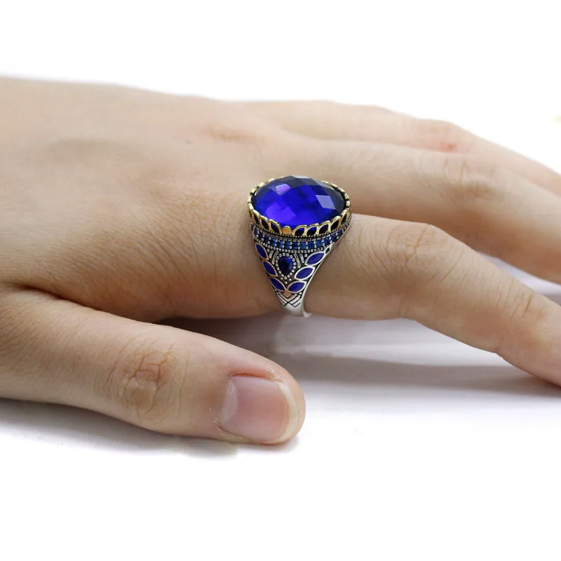 خاتم مصنوع يدويًا من الفضة الإسترليني بنسبة 925 للرجال ، حجر زجاجي أزرق ، هيب هوب الشرير ، مجوهرات عصرية فاخرة ، هدايا لحفلات الكريسماس ، جديد