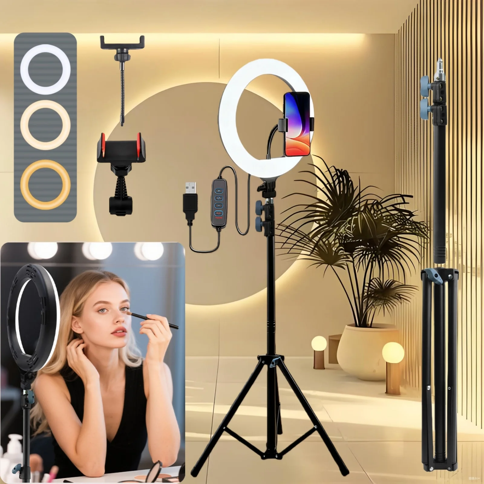 

Полный комплект освещения для телефона, 10-дюймовый трехцветный кольцевой светильник на складной штативе 145 см, идеально подходит для макияжа, игр и видеозвонков.