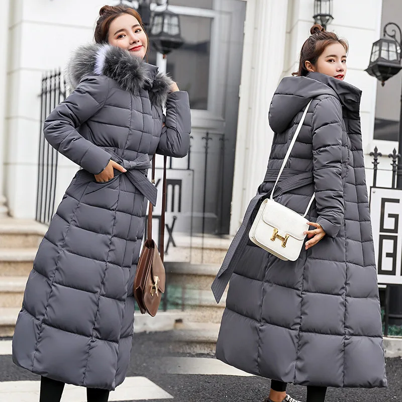 Cotton padded women's 2026 winter new Korean version long over the knee down cotton jacket women's big fur collar cotton jacket