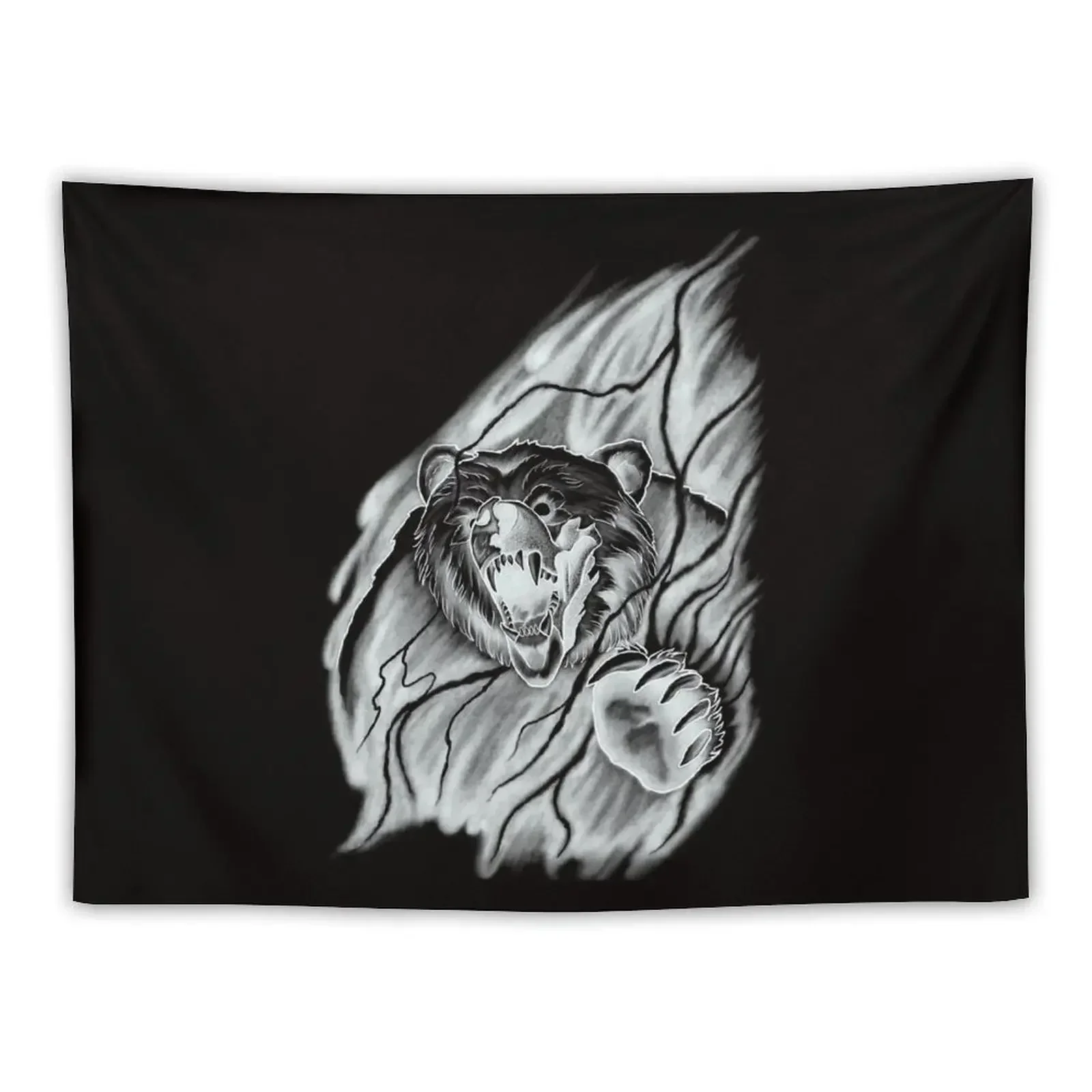 Roaring Bear breaking through the Mist in a Lightning Storm Tattoo Design Tapestry Room Decorations Tapestry