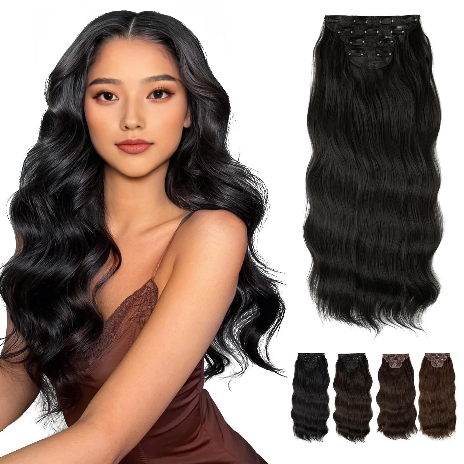 

22 Inch Synthetic Clip In Hair Extensions 4Pcs/Set Long Wavy Thick Hairpiece For Women Brown Blonde Black Natural Hair