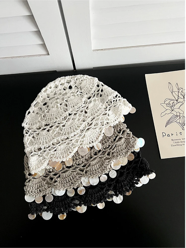 2026 New Shell-shaped Round Crochet Hand Made Hat Beanies for Women Head Cap Bohemia Ethnic-style Hollowed-out Knitted Hat Girl