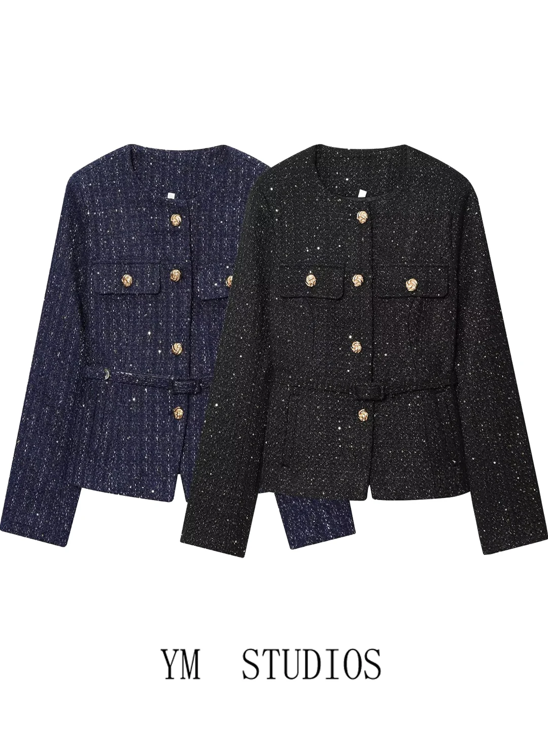 

Эффективная верхняя одежда для похудения с грубой твидовой текстурой и блестками, закрывающая талию, женский осенне-зимний топ