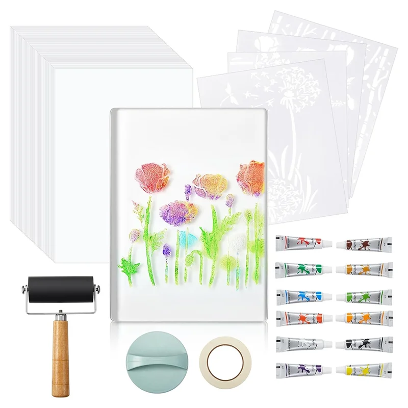 

For Mixed Media Art, Card Making-5X7 Gel Printing Plate Kit-Acrylic Paint, Papers& Tools-For Beginners& Art Classes