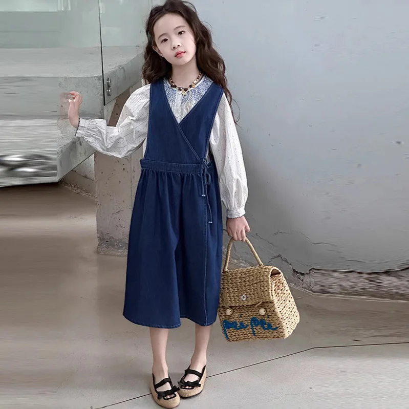 

Korean Autumn Teenager Girl 2pcs Outfit Junior Girl Contrast Color Round Neck Undershirt Children Girls Sleeveless Denim Dress