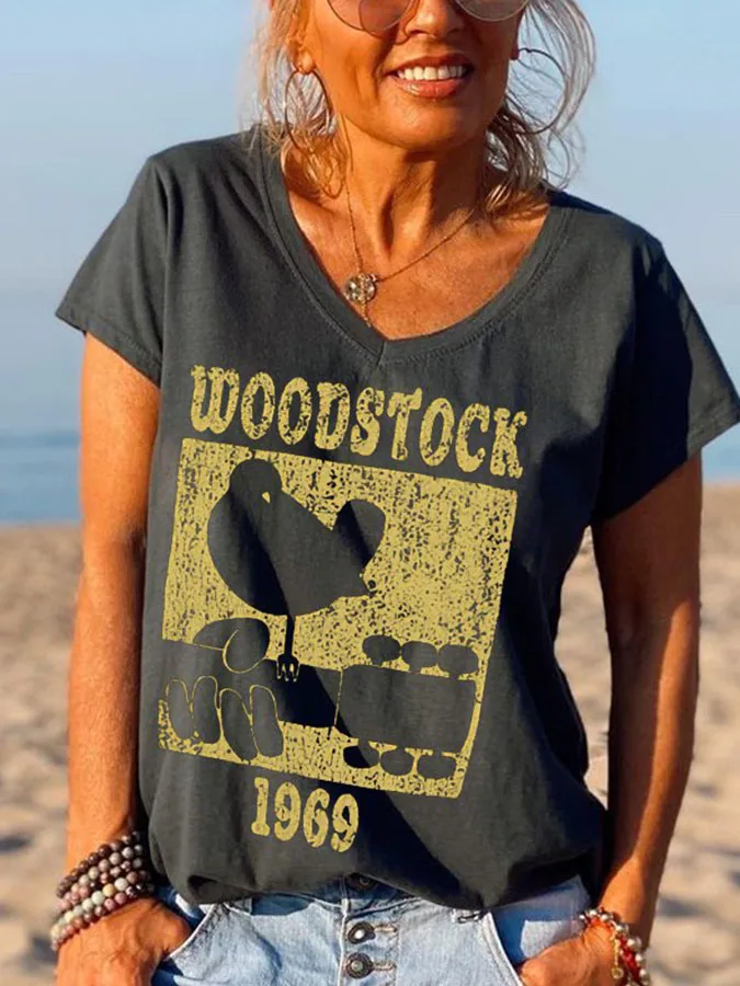 Women's Short Sleeve Hippie T-Shirts Casual V Neck T Shirt Summer Tops Printed Tees