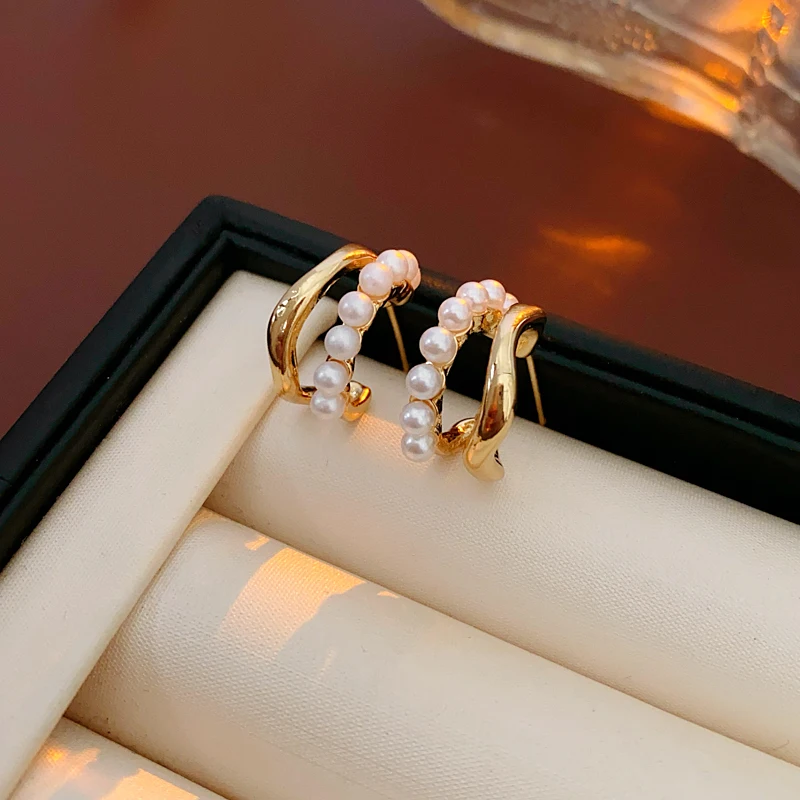 Multi-layer C-shaped Arc Imitation Pearl Dripping Zircon Twisted Hollow Stud Earrings for Women Versatile Hoop Fashion Jewelry image 2