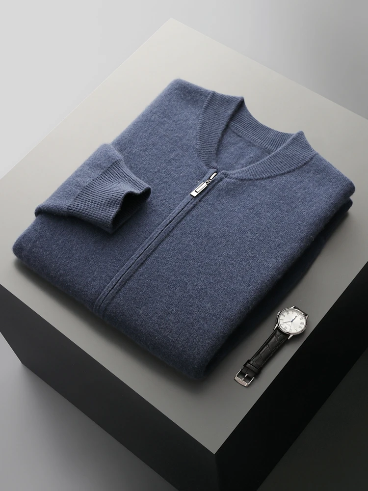 

Мужские толстые кардиганы, осенне-зимний свитер с воротником-стойкой на молнии, кашемир с длинными рукавами, трикотаж из 100% мериносовой шерсти, повседневная одежда, топ