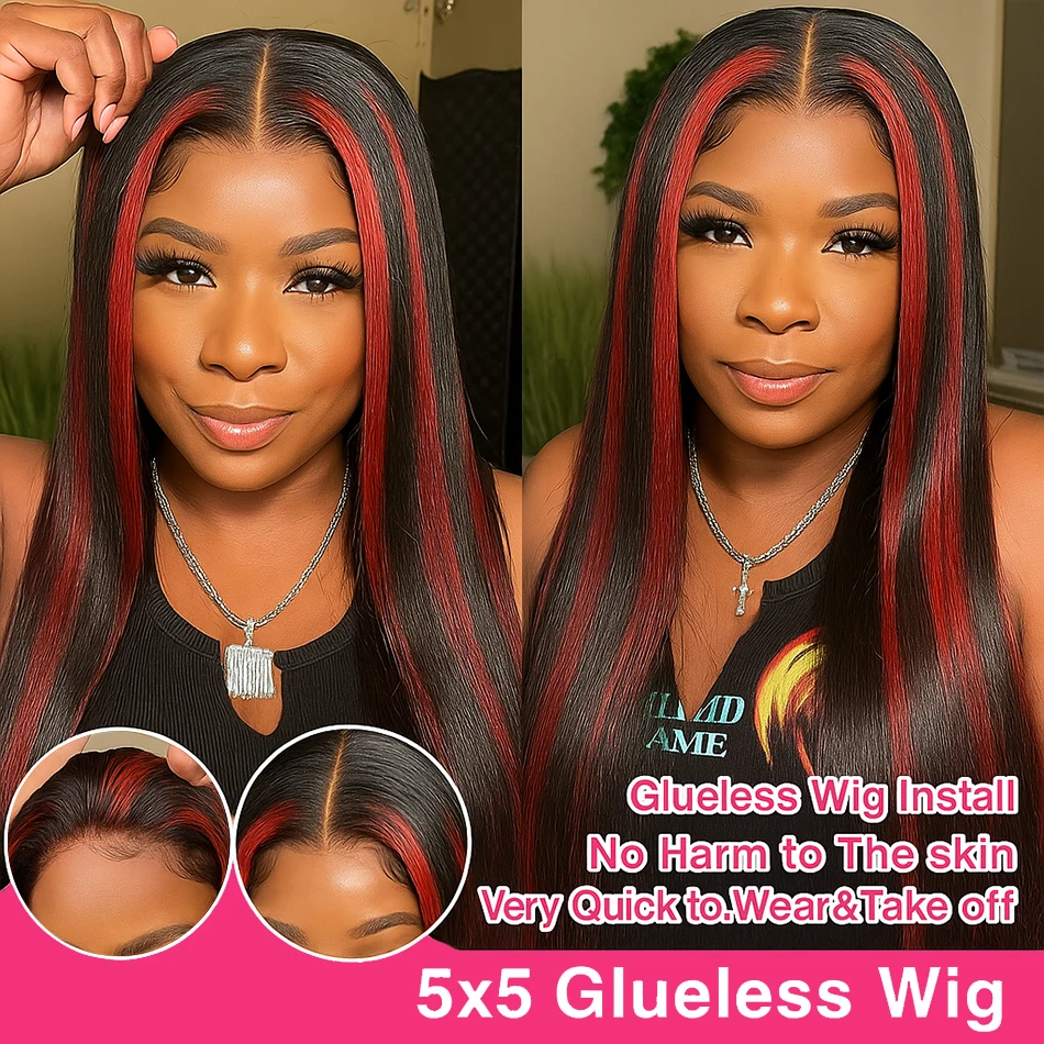 200% Upgraded 1B/99J Black With Red Bone Straight 5x5 Highlight Wig Human Hair Brazilian Burgundy Colored Glueless Wig For Women - Image 4