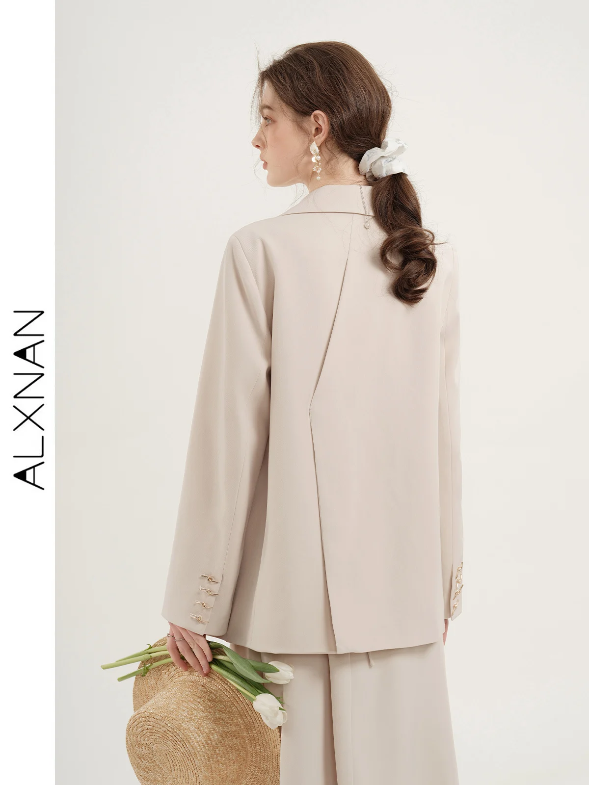 ALXNAN Vrouwen Blazers 2024 Lente Nieuwe Elegante Leisure Solid Lange Mouwen Mode Luxe Loose Fit Jas Dameskleding LXN 287105