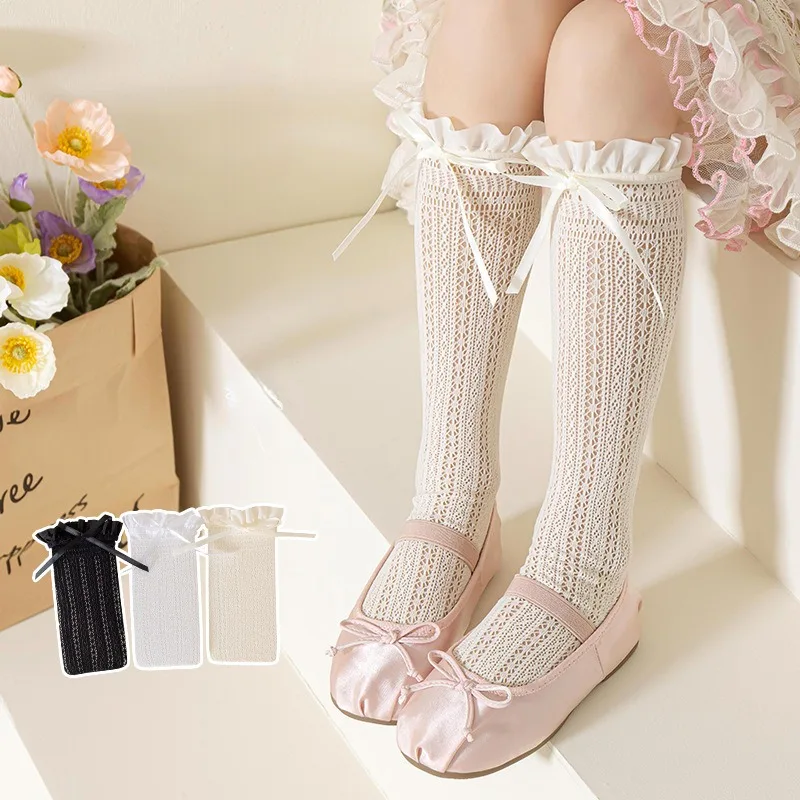 Girls Long Tube Lace Stockings Sweet Bow Jacquard Pattern Mesh Sock Baby Girl Ballet Fishing Net Frilly Socks Lolita Leggings