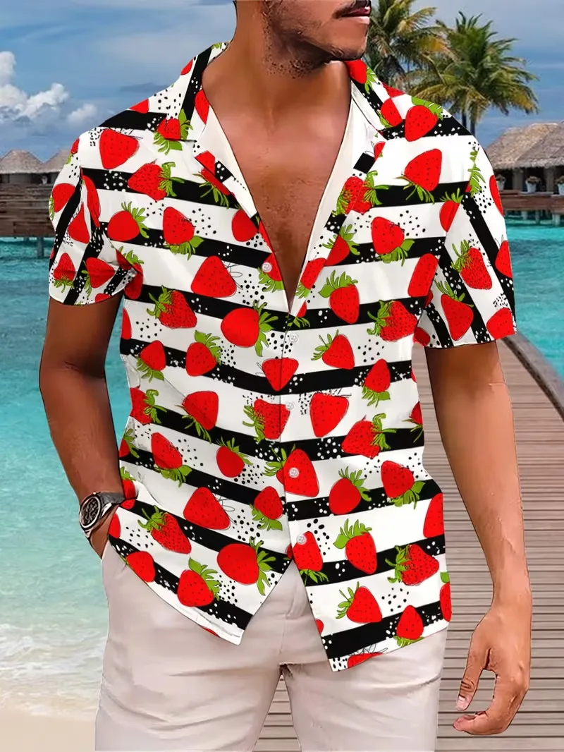 

Men's Strawberry Print Hawaiian Shirts Short Sleeve Striped Pattern Button Down Beach Shirt Summer Casual Surfing Shirts
