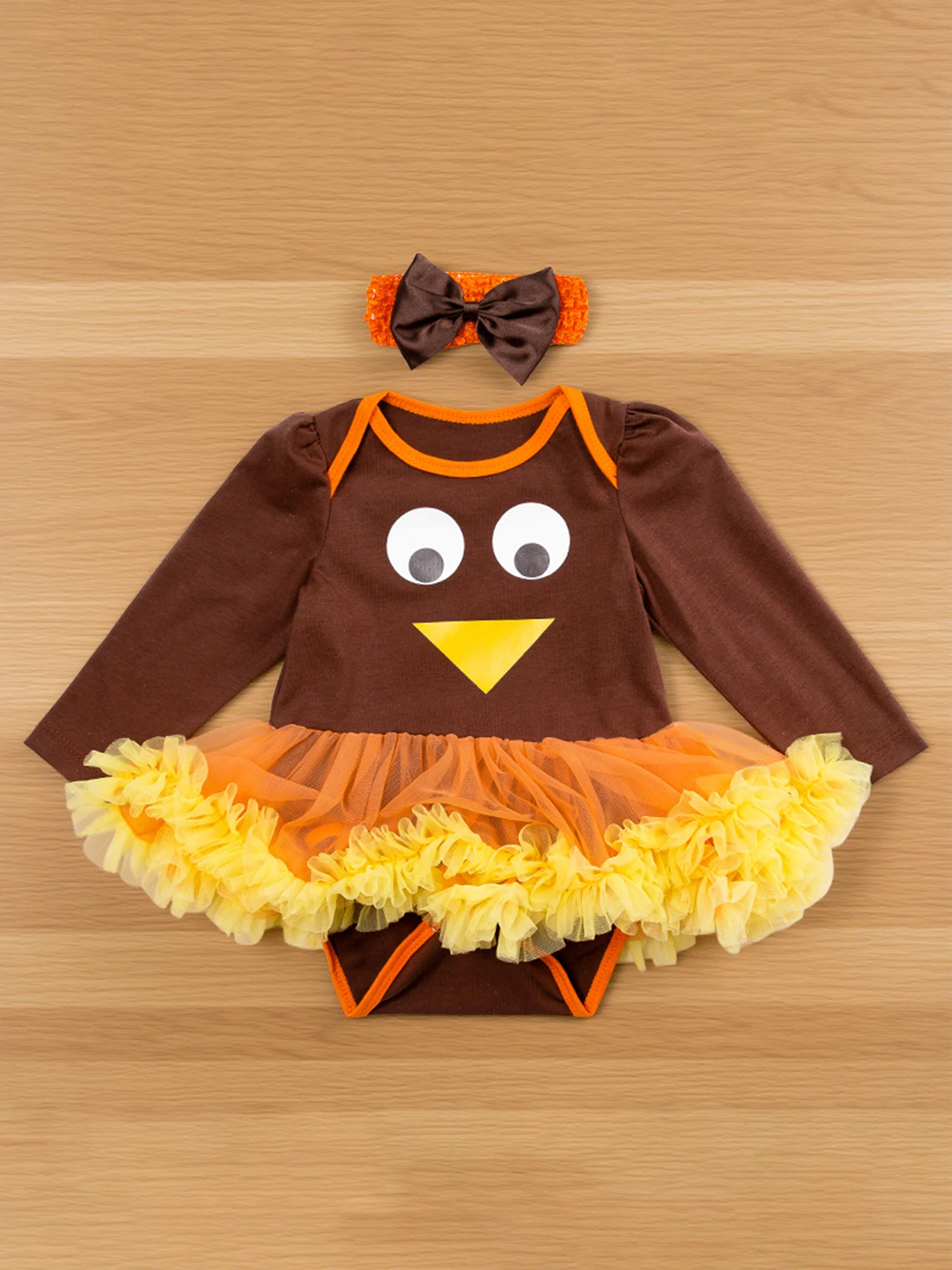 

Thanksgiving Baby Girl Outfit Adorable Turkey Print Romper Dress with Mesh Ruffled Trim and Matching Bow Headband for Fall