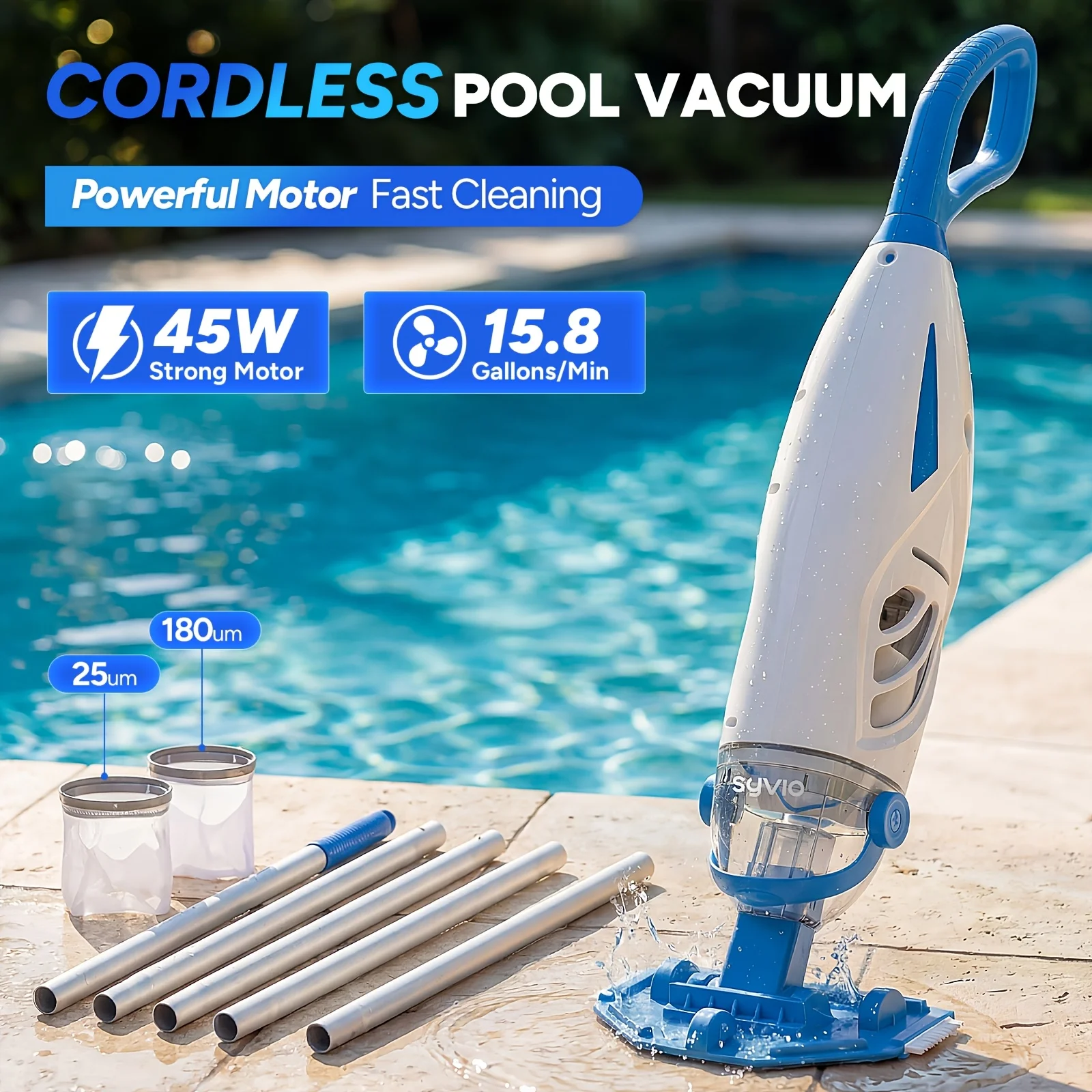 

SYVIO Pro Cordless Pool Vacuum - 15.8 GPM Suction, 60 Min Runtime, Telescopic Pole, Handheld Rechargeable Pool Cleaner, for Inground Or Above Ground Pools, Ideal for Leaves, Insects, Branches, Summer Must-Have