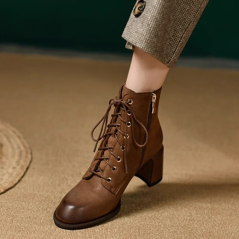 Women Ankle Boots Elegant Winter Shoes Genuine Leather Thick High Heels Spring Autumn Shoes Round Toe Women Short Boots