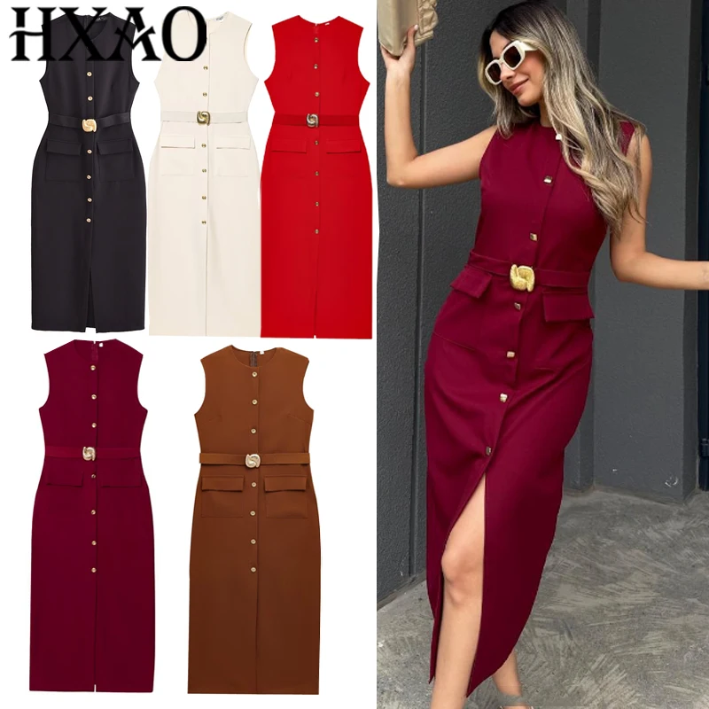 HXAO فساتين حريمي الصلبة بلا أكمام فساتين طويلة 2025 امرأة الربيع الصيف فستان الشمس حزام فساتين غير رسمية زر فستان أنيق