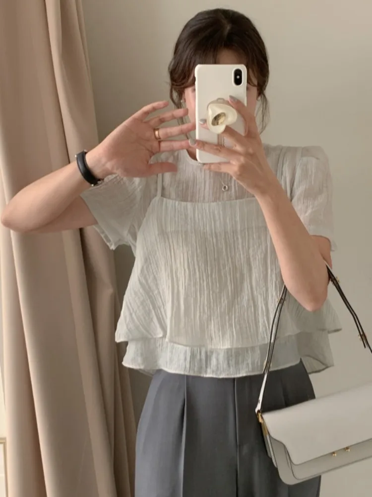 Soft Wind Chiffon Top Damen rund Ne Bubble Sve Texture Sensation Sommer Zweiteiliges Set Pendeln Sle ort Sve Inne...