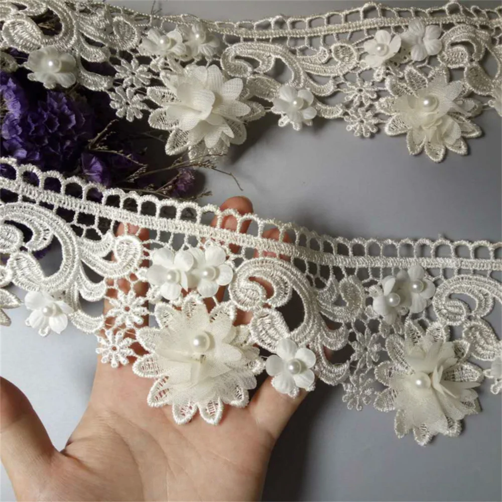 1 Yard Ivory 9cm Pearl 3D Flower Tassel Lace Trim Ribbon Fabric Embroidered Applique Sewing Craft Wedding Dress Clothes New