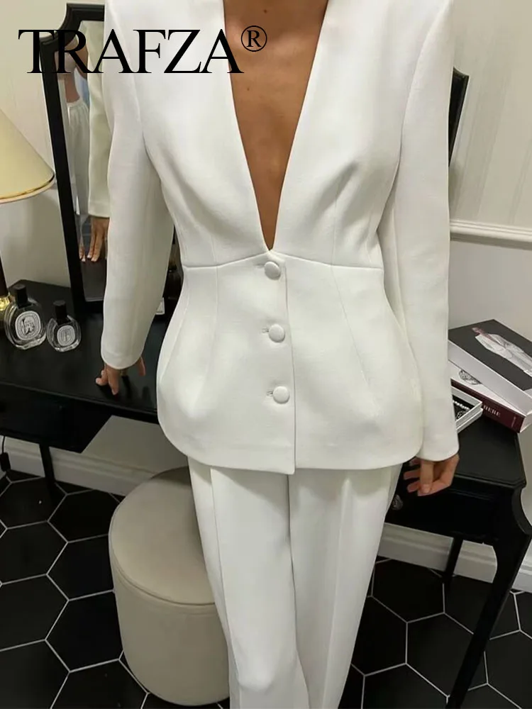 TRAFZA Elegant Women V-Neck Single Breasted Long Sleeves Blazer Coat+High Waist Side Pockets Design Wide Leg Pant 2 Piece Set