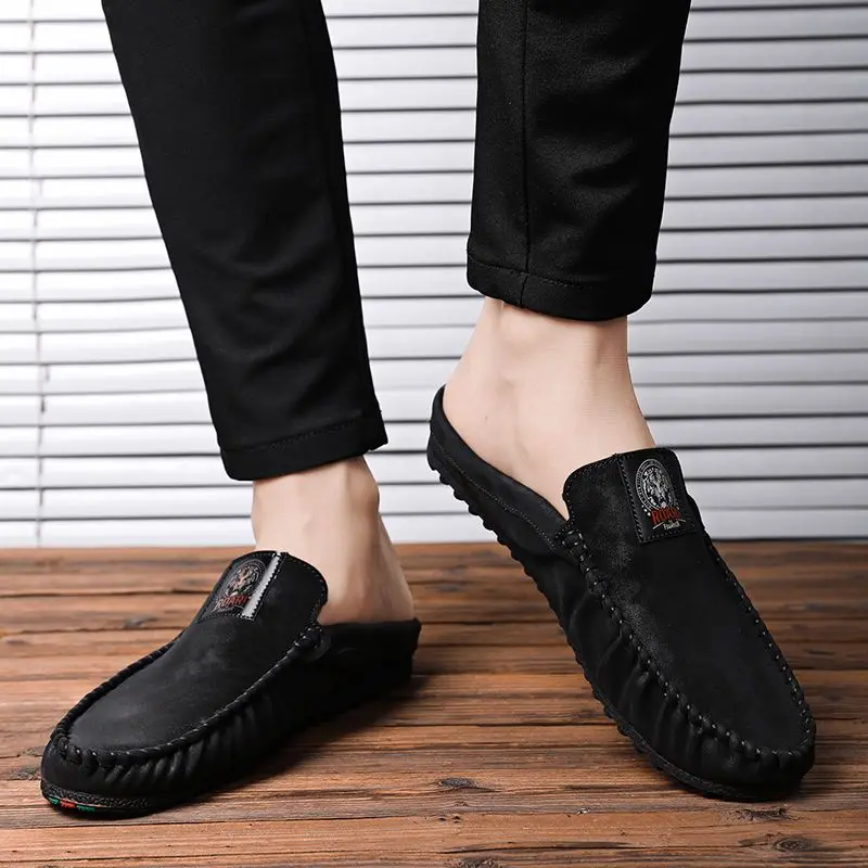 Leather Men\'s Shoe Male Slipper Mules Outdoor Slides Flat Half Cheap Shoes Liquidation Low Price Trend 2024 Summer Sale Fashion