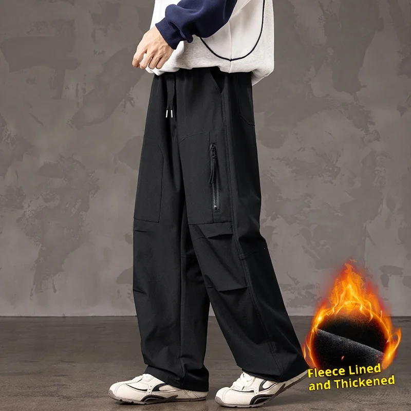 メンズ フリース裏地付き 厚手 カーゴ ワイドレッグ パンツ 複数のポケットとジッパーのデザイン、ストリートスタイル、ゆったりフィット、スリムフィット、冬の暖かさと耐寒性、ブラック どんなスタイルにも万能、日常の外出に最適