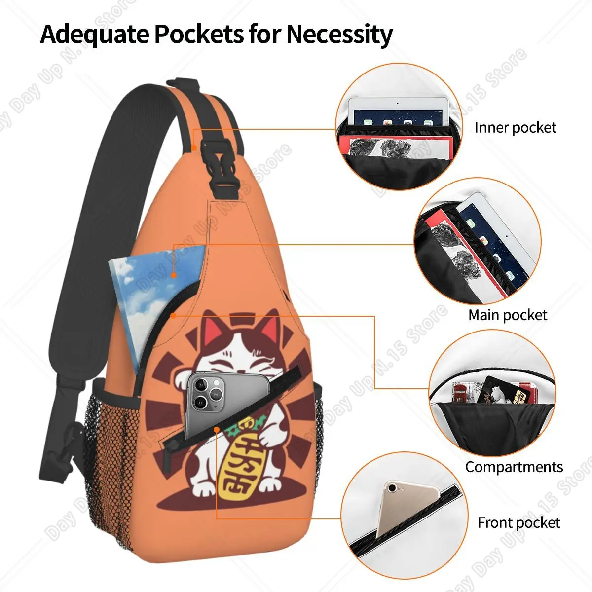Maneki Neko Taiyaki Lucky Cat With Fish Chest Bag Men Sling Crossbody Backpack Chest Bag Traveling Hiking Daypack Shoulder Bag