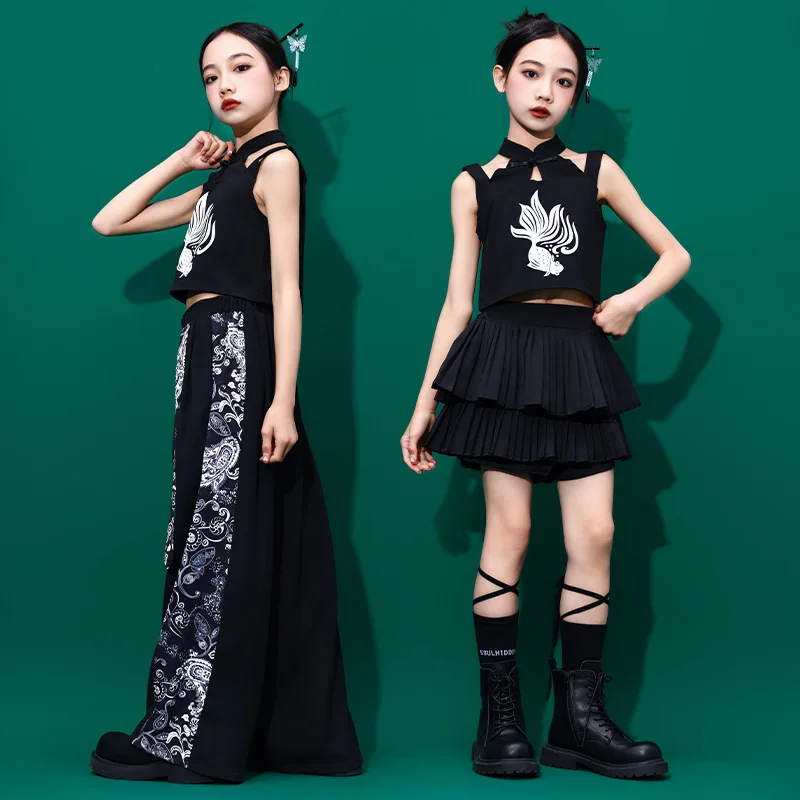 子供のための中国風の服,ヒップホップダンス服,女の子のためのストリートダンス,ジャズステージ,露出したへそ,黒のダンスパンツ