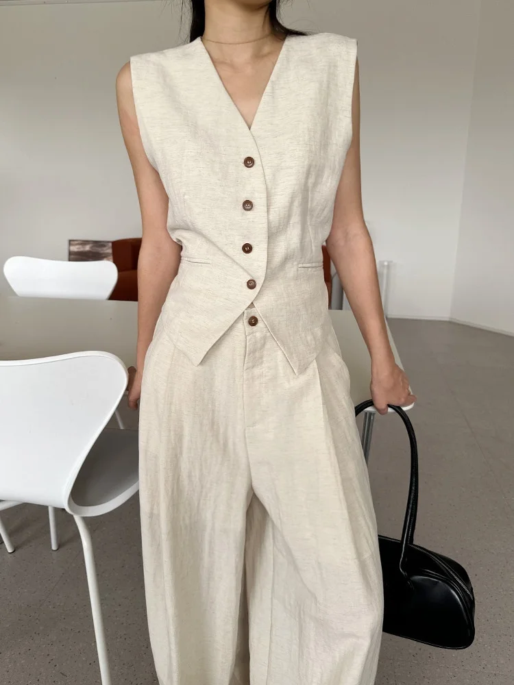 

Women's Svel Vest Top Cotton Linen Casual Dstring Waist Slimming Loose Wide Leg Casual Pants Faionable Set