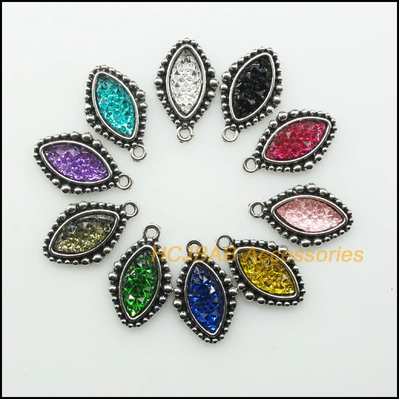 10 New Babysbreath Mixed Resin Charms Antique Silver Color Retro Oval Pendants 15x23mm