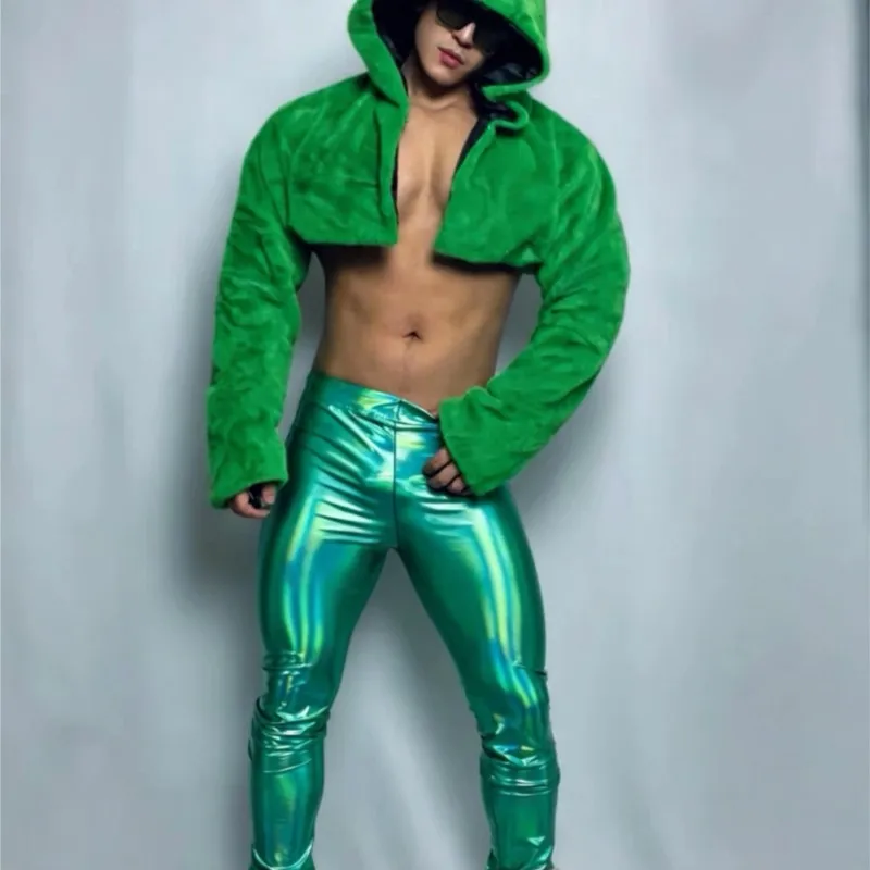 S-4XL Men's Green Fur Coat Bar Sexy Leading Dance Wear Jazz Hiphop pants Stage Wear Party Show Performance Coat