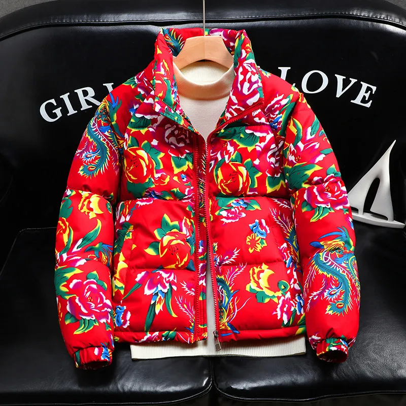 

Northeast Big Flower Men's Winter Thiened Cotton Jaet Loose Fit ort Sle Polyester Fiber Casual Outerwear Coat