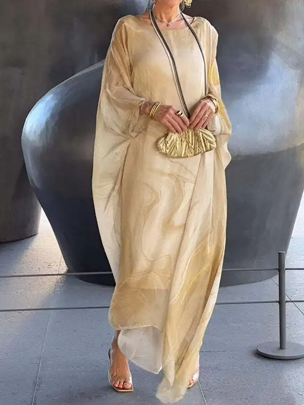 Women's Casual Chiffon Print Maxi Dress Vintage O-Neck Short Sleeve Party Dresses Vestitos Summer Boho Beach Sundress 2024 Robe