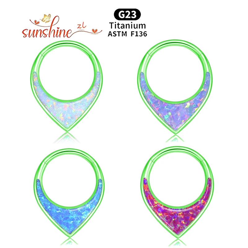 ASTMF136 Titanium Anodizing 16G Opal Waterdrop Septum Hoop Ring Hinged Segment Nose Clicker Tragus Helix Daith Earring Piercing