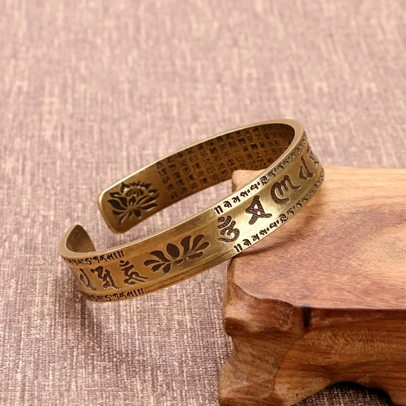 Vintage Buddhist Heart Sutra Cuff Bracelets Men\'s Six Character True Word Adjustable Bangles Religious Wish Talisman Jewelry