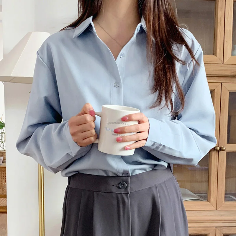 New Women\'S Spring Autumn Fashion Solid Color Casual Long Sleeve Top Korean Version Loose And Simple Versatile Lapel Neck Shirt