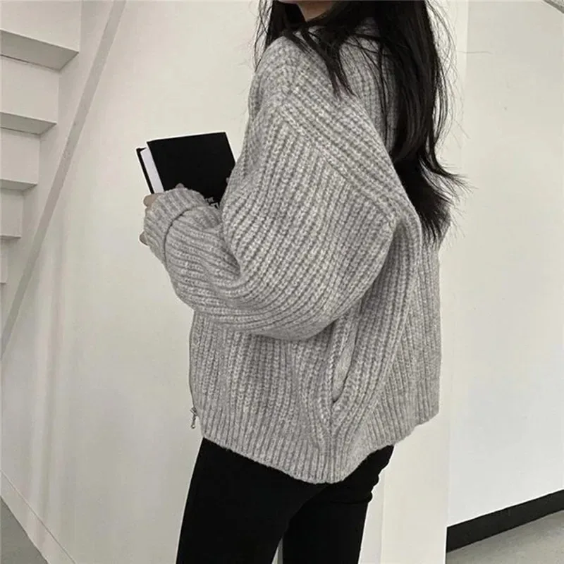 2024 Autumn Women\'s Knitted Jacket New Korean Chic Casual Sweater Coat Solid Color Zipper Thick O Neck Cardigans Women