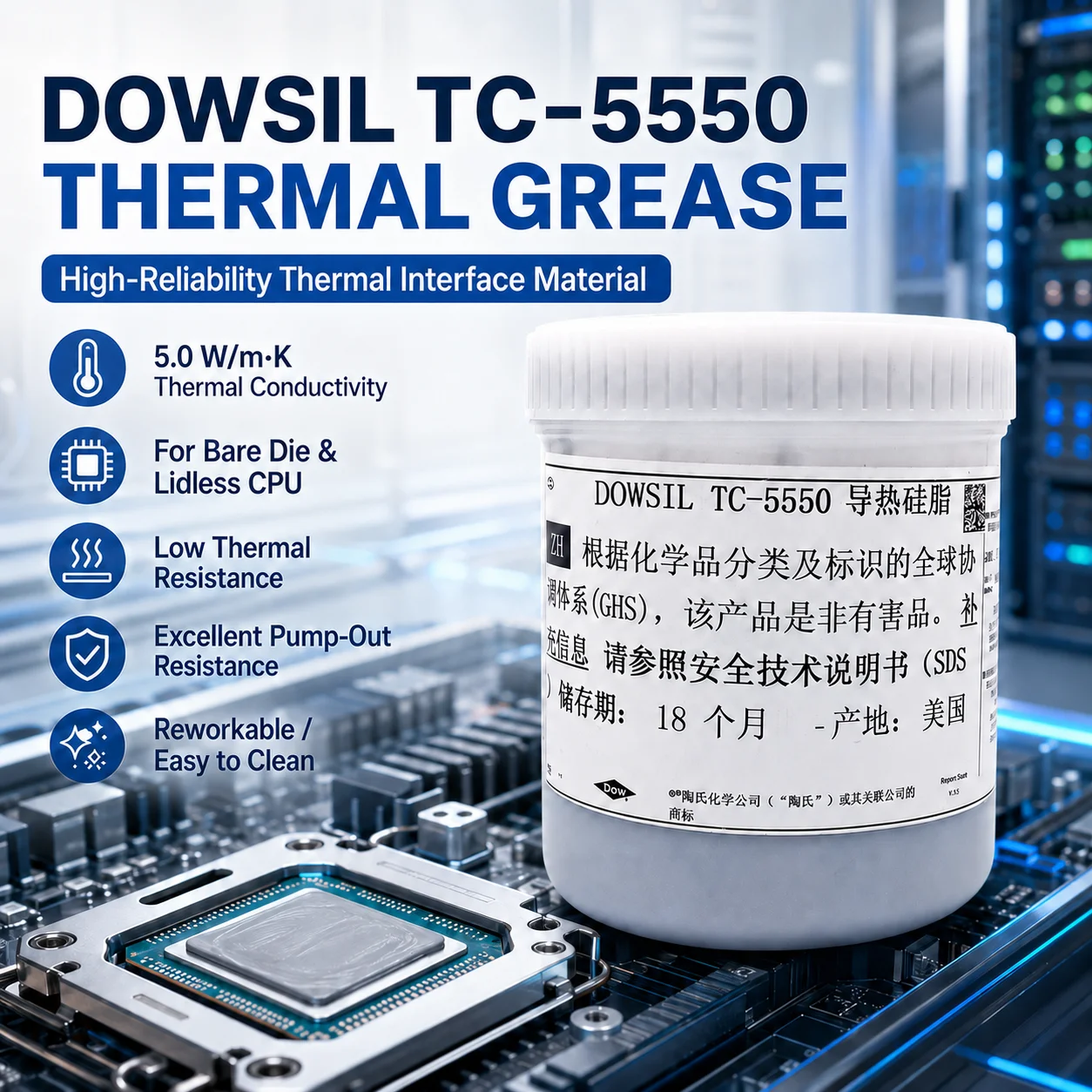 Original Dow Corning DOWSIL TC-5550 Thermal Grease 5.0W/mK Non Curing Heat Sink Compound for CPU GPU