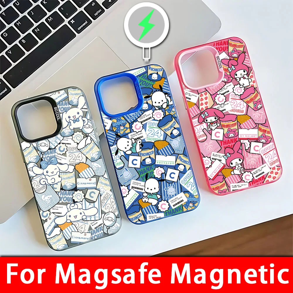 Kawaii Cinnamoroll Magsafe Magnetic Phone Case for IPhone 11 12 13 14 15 Pro Max Plus Lens Creative Border Silver Plated Cover