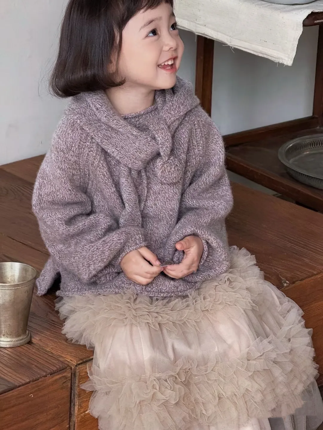 Korean Children Clothing 2024 Autumn Winter New Pure Purple Knit Suit Girl Warm Long Sleeve Sweater Cute Cake Knitted Skirt Set