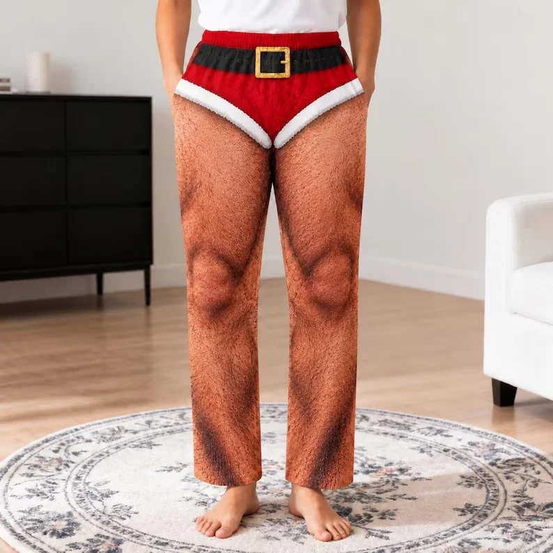 Fun Christmas 3D Printed Fake Muscle Legs Christmas Belt Printed Running Pants Holiday Party Novelty Clothing Pants