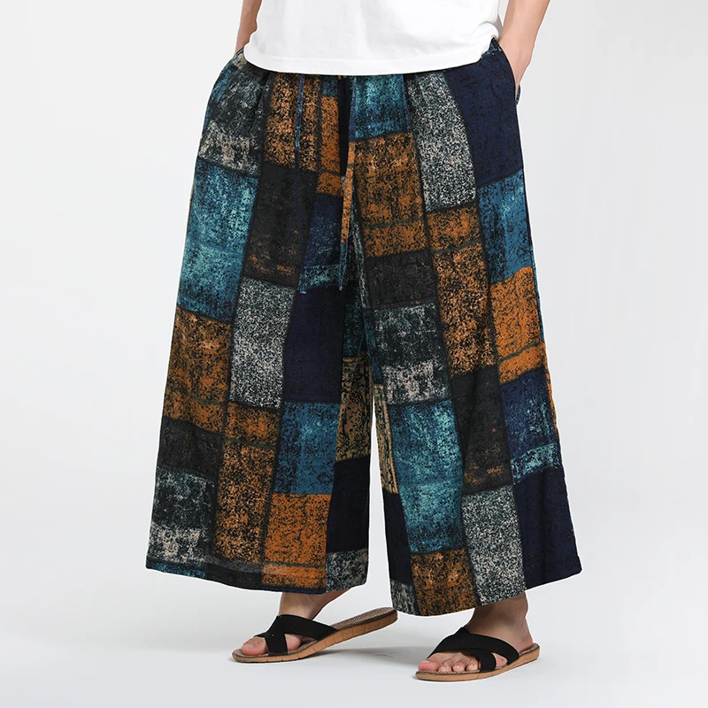 Summer Men Chinese Style Printed Pants Men Drawstring Cuffed Casual Pants Couples Retro Grid Trousers Male Loose Wide Leg Pants