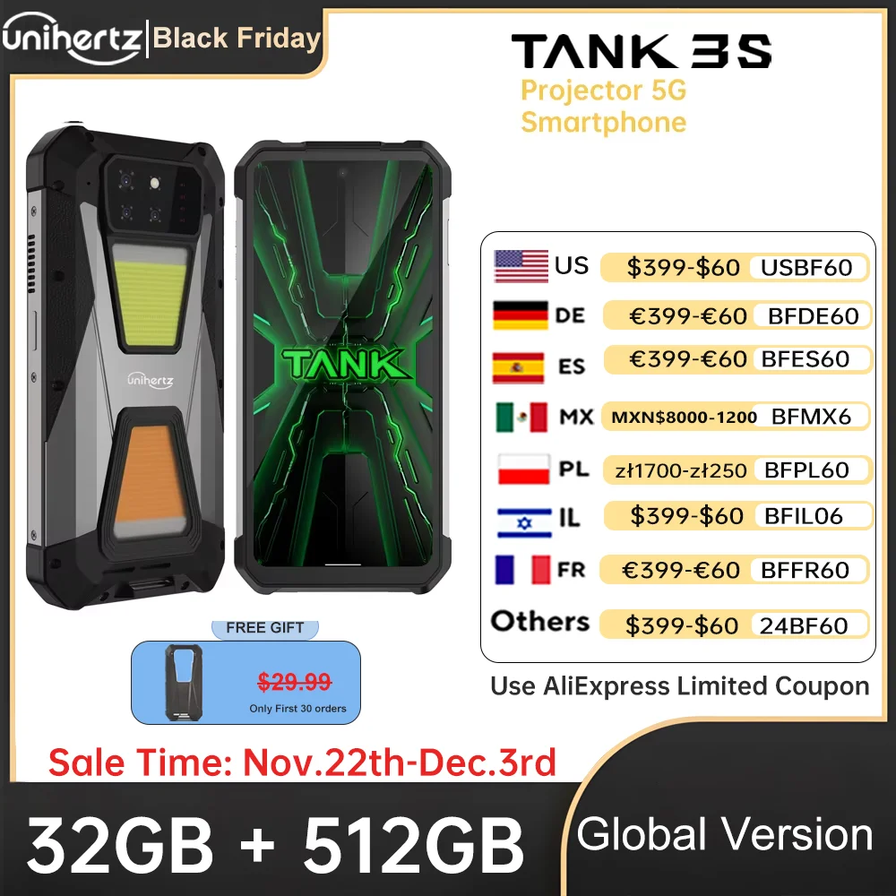 Unihertz Tank 3s 8849 Rugge Cellphone with Projector Dimension 8200 24/32GB 256/512GB Mobile Phone 120Hz Screen 50MP 64MP Camera