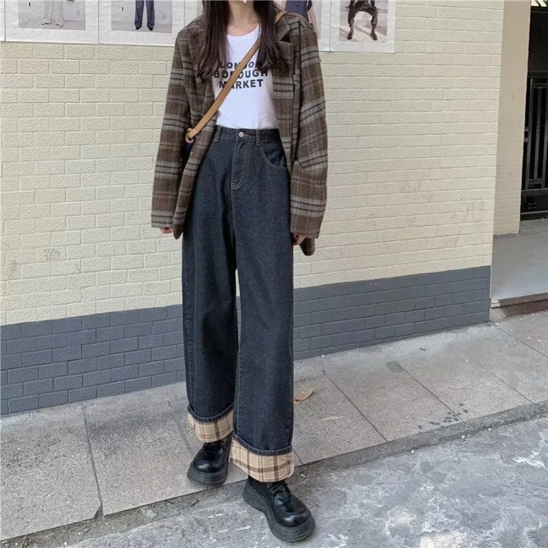 Women's Y2K High Waist Wide Leg Jeans Fleece Lined Loose Fit Slimming Flare Trousers Straight  Winter Fashion