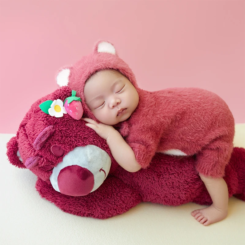 Newborn Photography outfit Strawberry Theme Pink Bear Bodysuit Outfit Doll Prop Patchwork Background Adorable Baby Costume